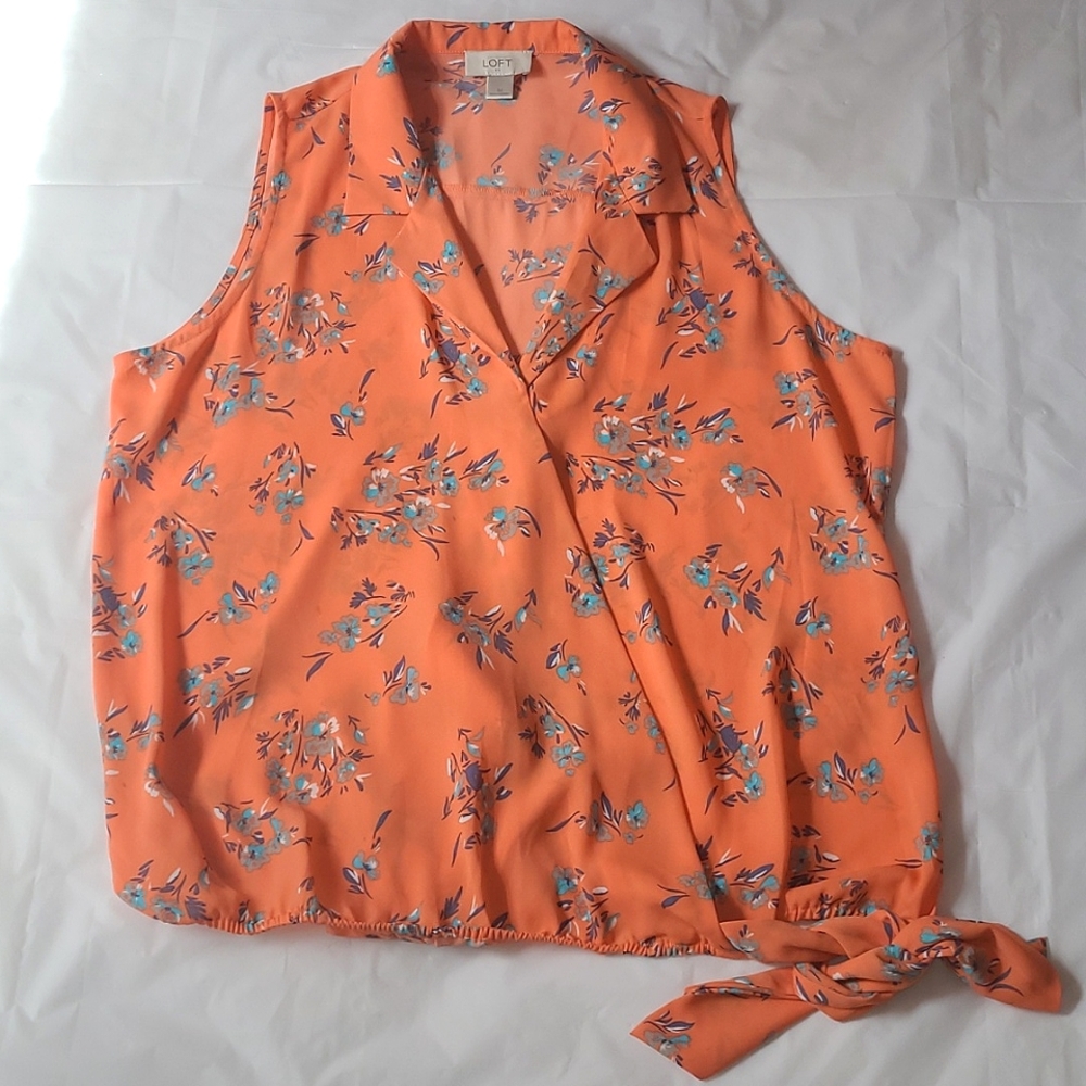 LOFT Coral & Blue Floral Sleeveless Faux-Wrap Blouse w/ Side Tie - Size Med.(+)